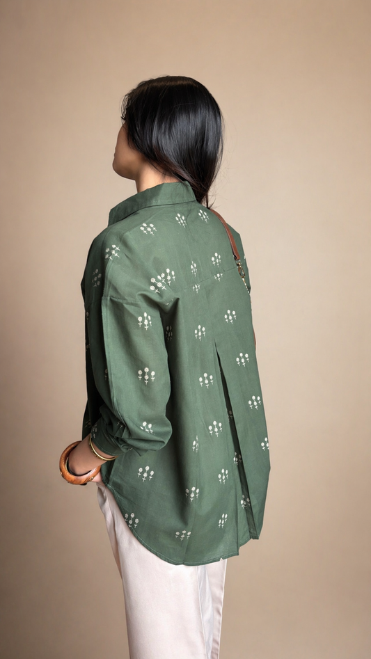 Forest green floral embroidery cotton shirt
