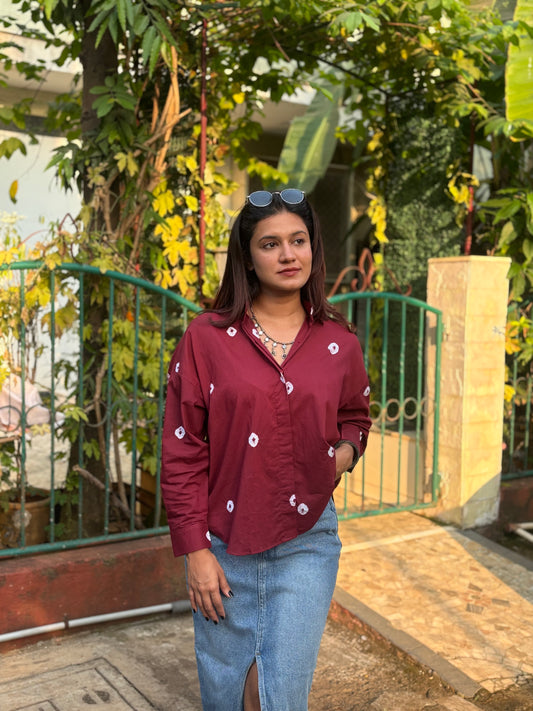 Leher Red Bandhani Cotton Shirt