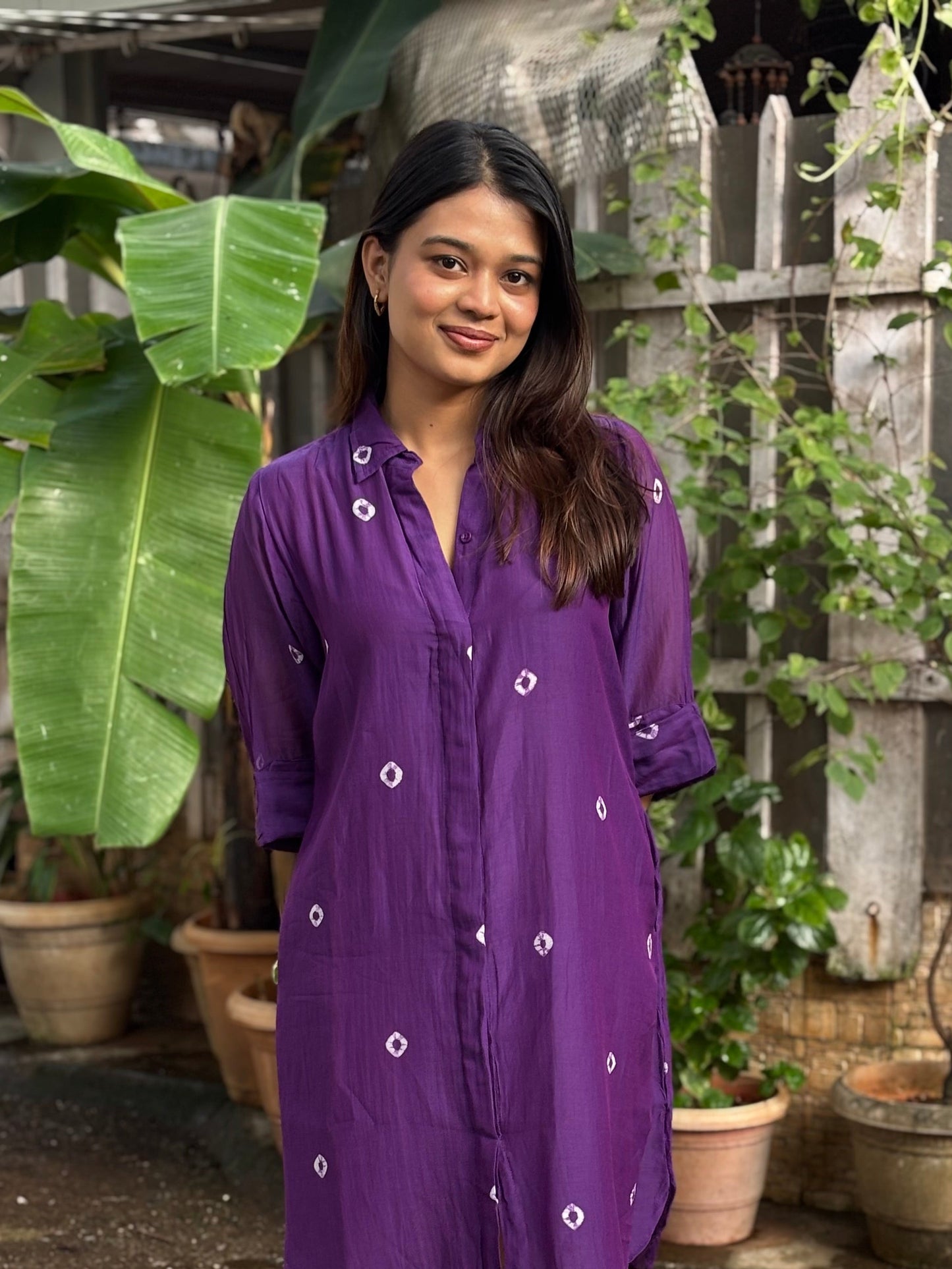 Purple Bandhani Cotton Shirt Dress