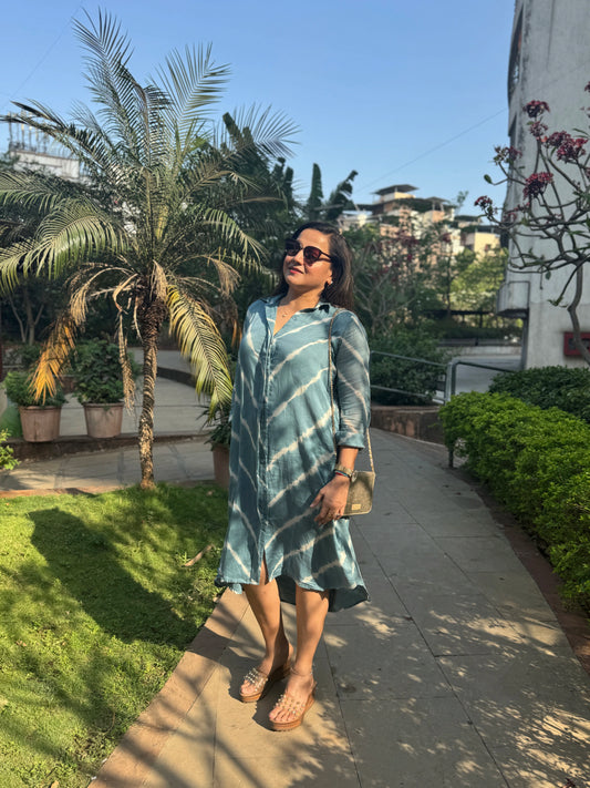 Blue Lehariya Cotton Shirt Dress