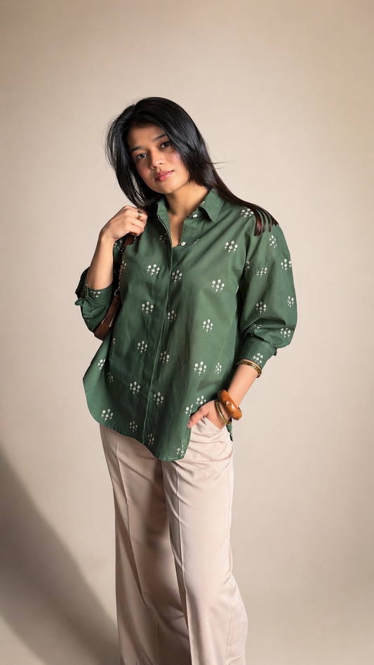 Forest green floral embroidery cotton shirt