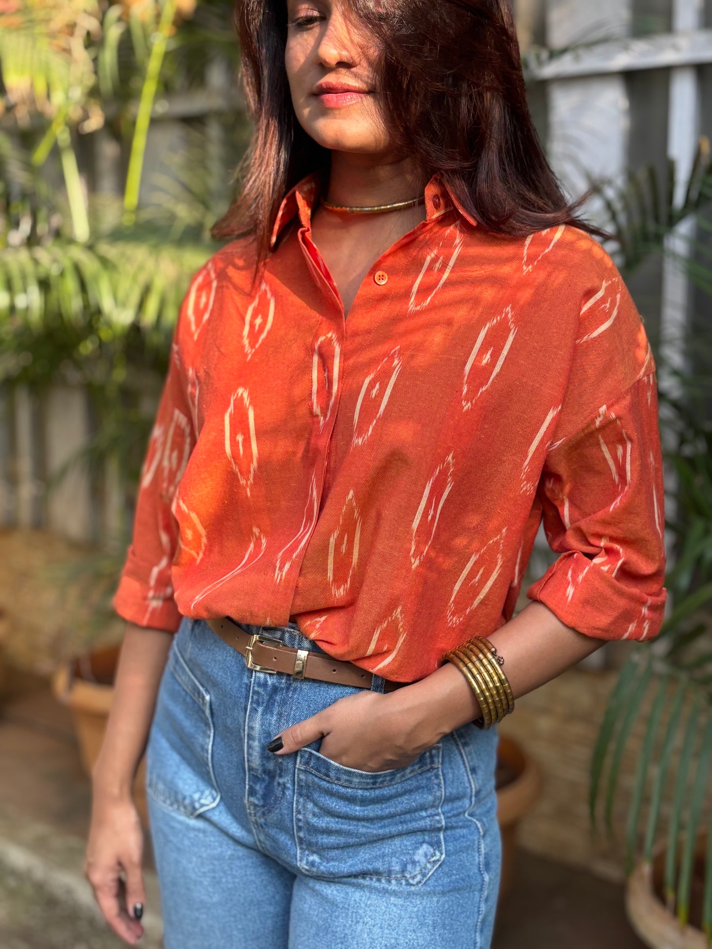 Burnt Orange Ikat Cotton shirt for Women