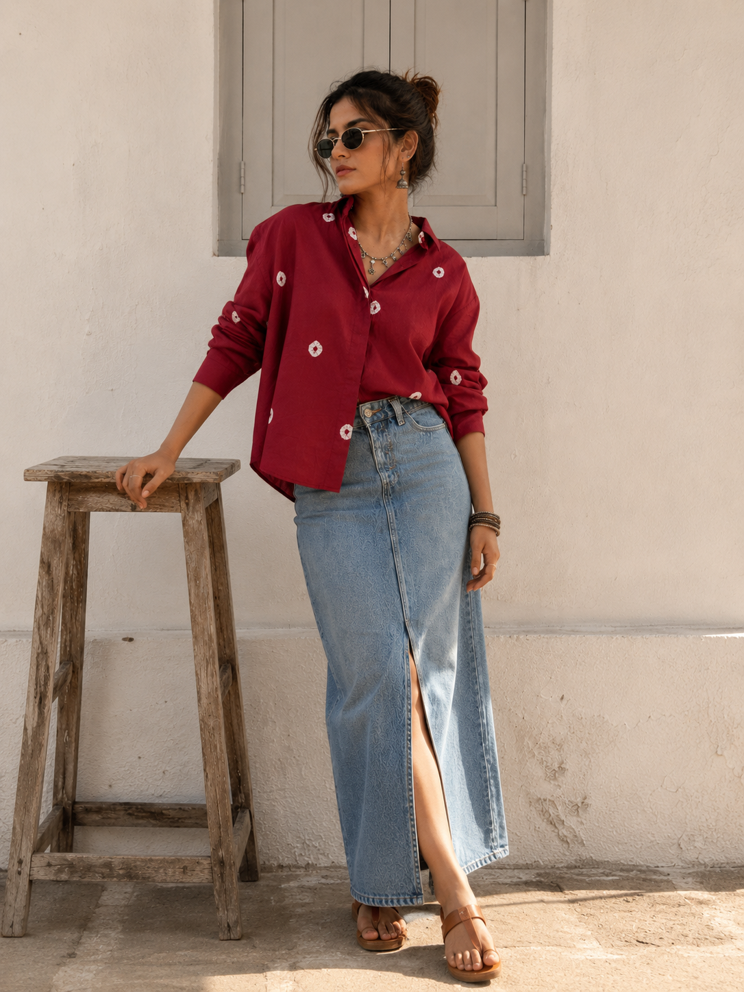 Leher Red Bandhani Cotton Shirt