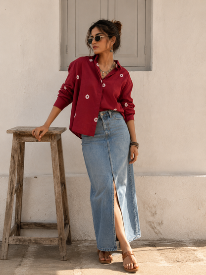 Leher Red Bandhani Cotton Shirt