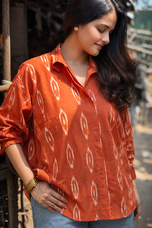PRE-ORDER ONLY (35 days shipping) - Burnt Orange Ikat Cotton shirt for Women