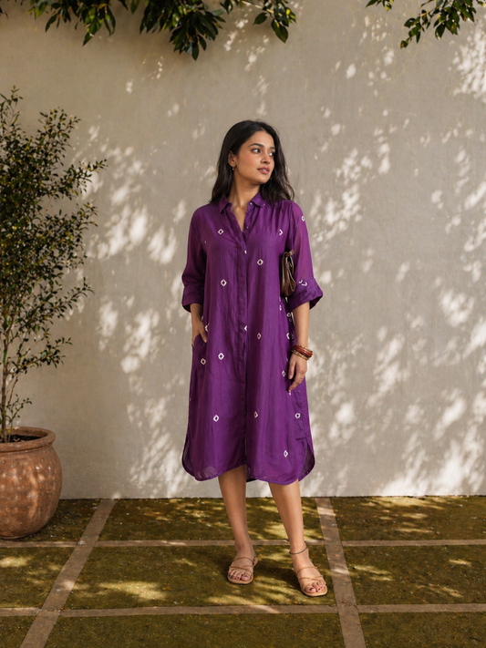 Purple Bandhani Cotton Shirt Dress