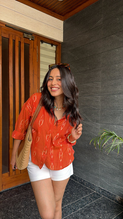 Burnt Orange Ikat Cotton shirt for Women