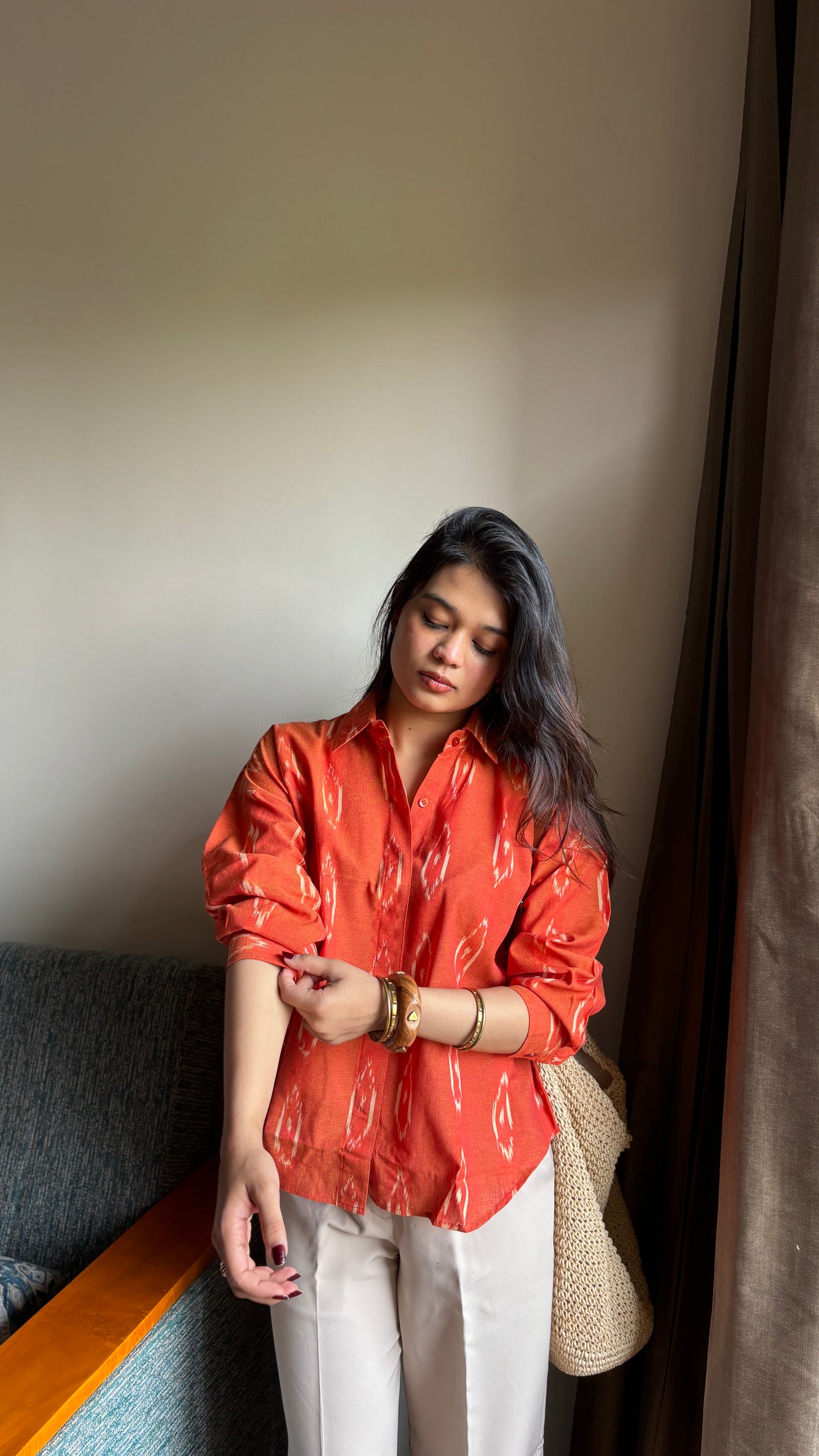 Burnt Orange Ikat Cotton shirt for Women