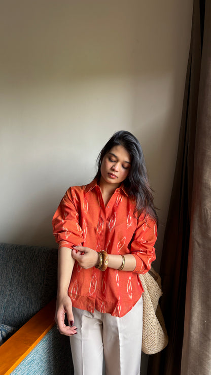 Burnt Orange Ikat Cotton shirt for Women