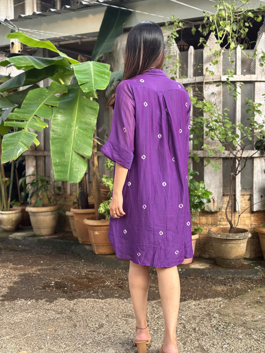 Purple Bandhani Cotton Shirt Dress