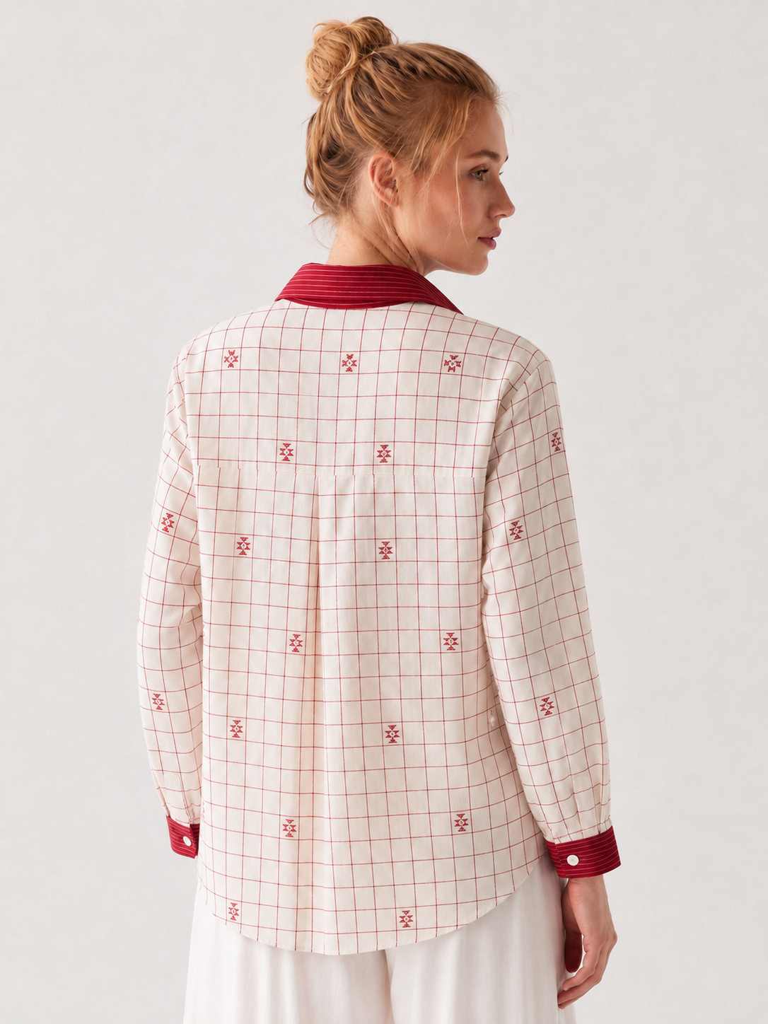 ‘Madhobi’ Red jamdani work cotton shirt for women