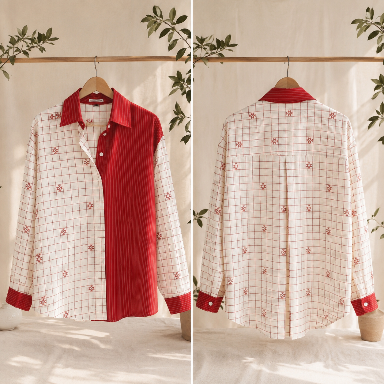 ‘Madhobi’ Red jamdani work cotton shirt for women