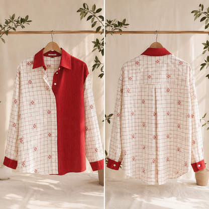 ‘Madhobi’ Red jamdani work cotton shirt for women