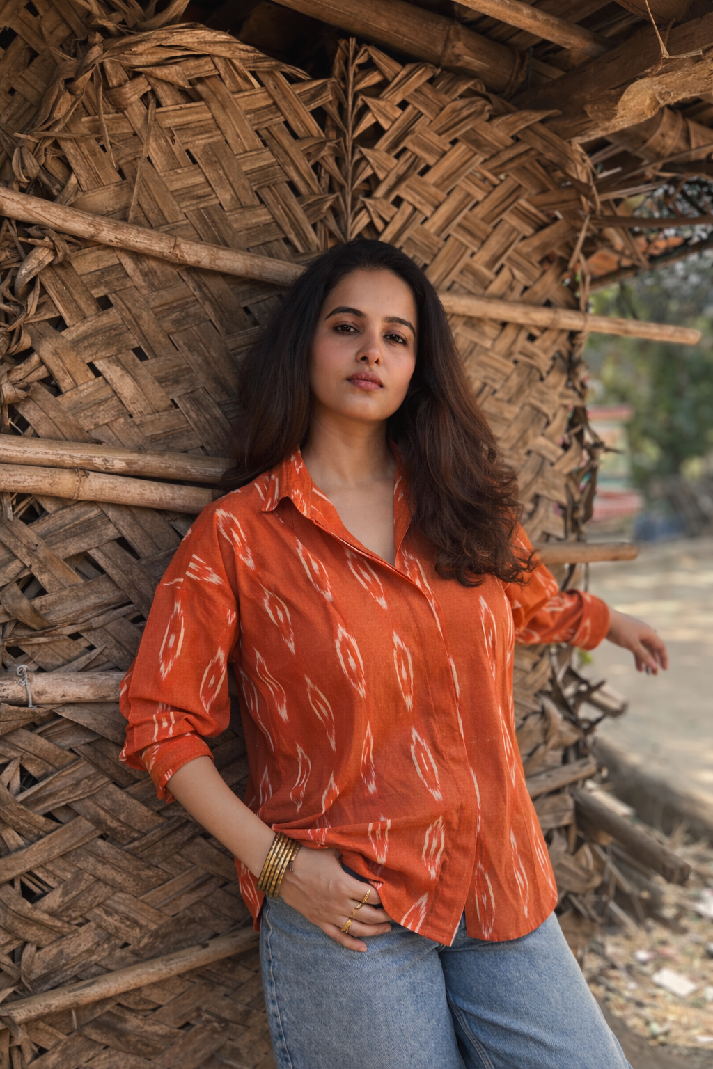 Burnt Orange Ikat Cotton shirt for Women