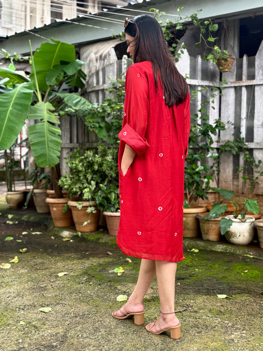 Red Bandhani Cotton Dress for Women