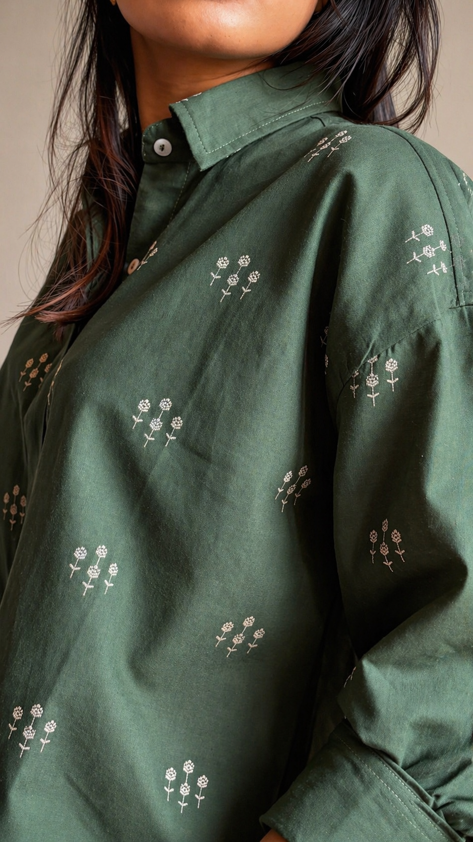 Forest green floral embroidery cotton shirt