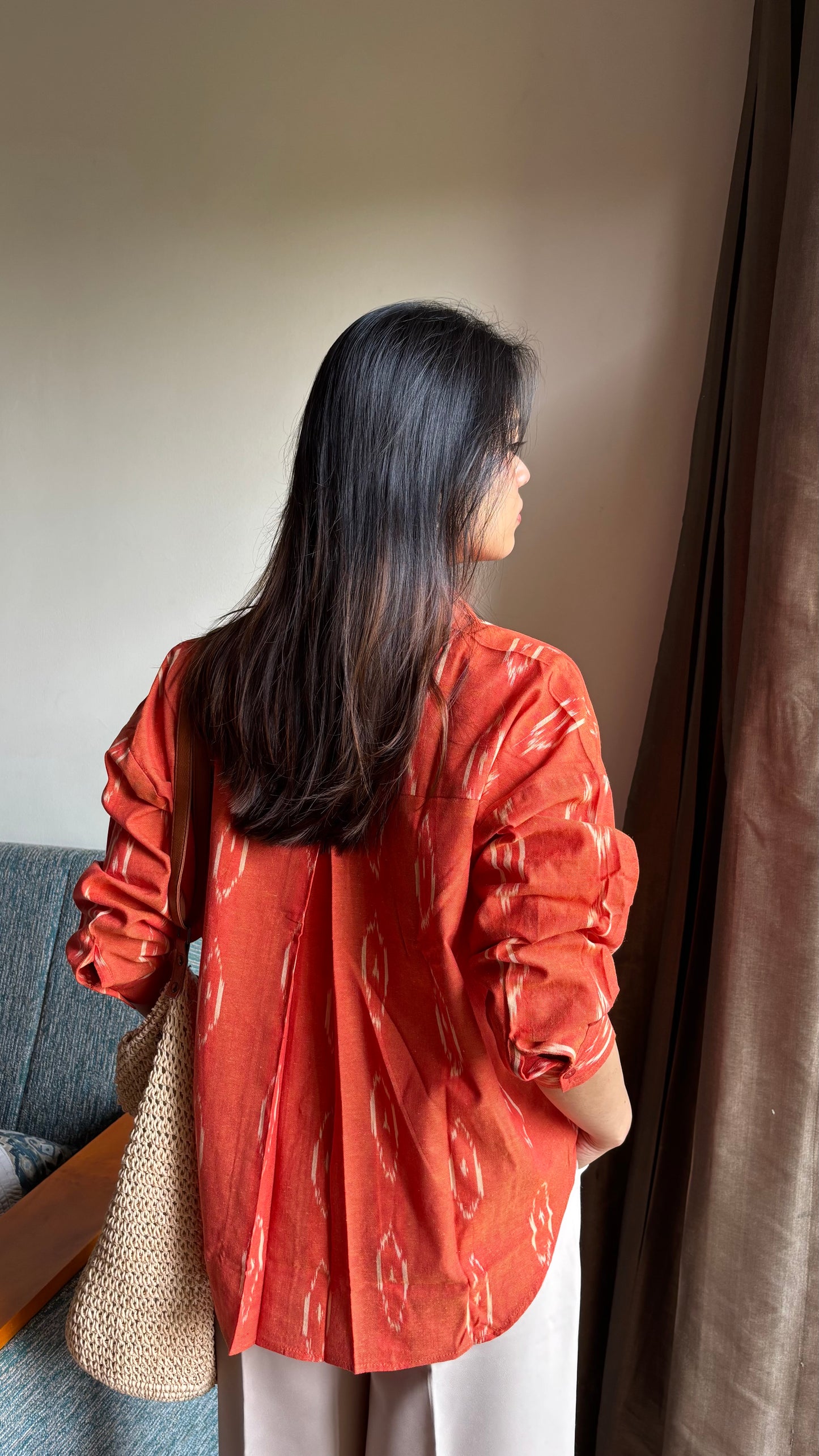 Burnt Orange Ikat Cotton shirt for Women