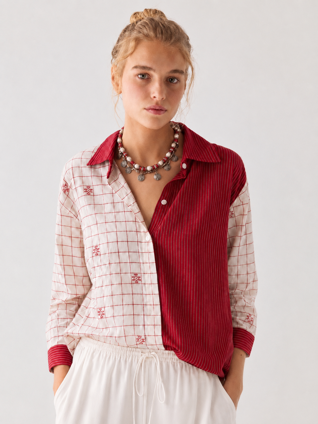 ‘Madhobi’ Red jamdani work cotton shirt for women