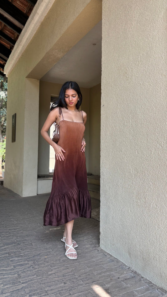 Brown Ruffle Spaghetti Straps Midi Dress