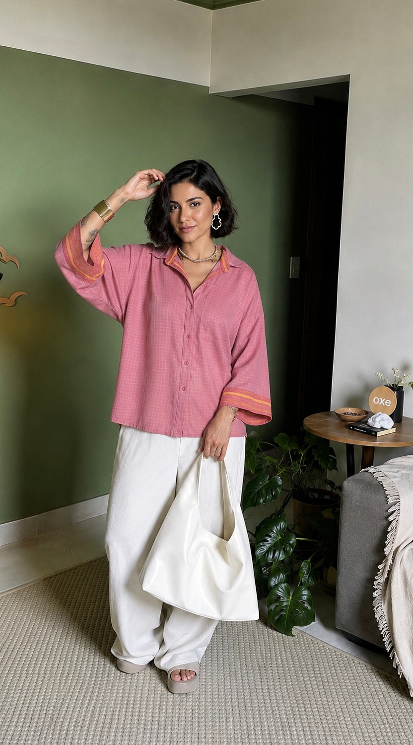 Pink Handloom Cotton Zari Shirt