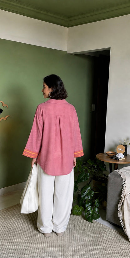 Pink Handloom Cotton Zari Shirt
