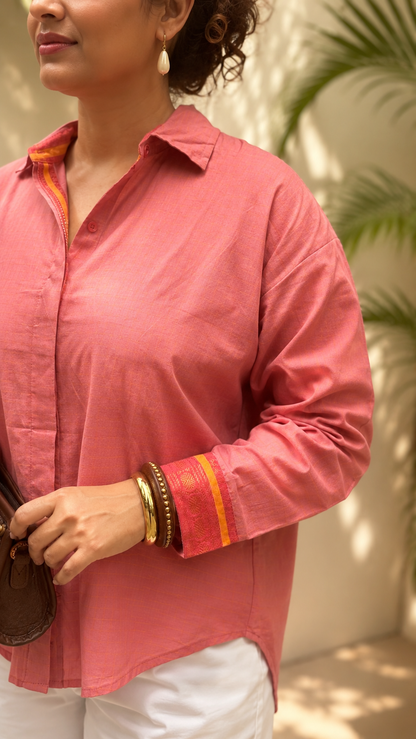 Pink Handloom Cotton Zari Shirt