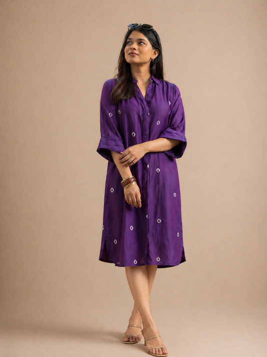 Purple Bandhani Cotton Shirt Dress