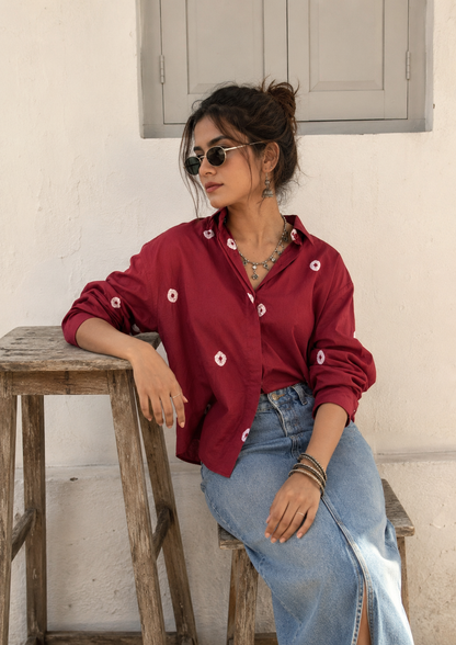 Leher Red Bandhani Cotton Shirt