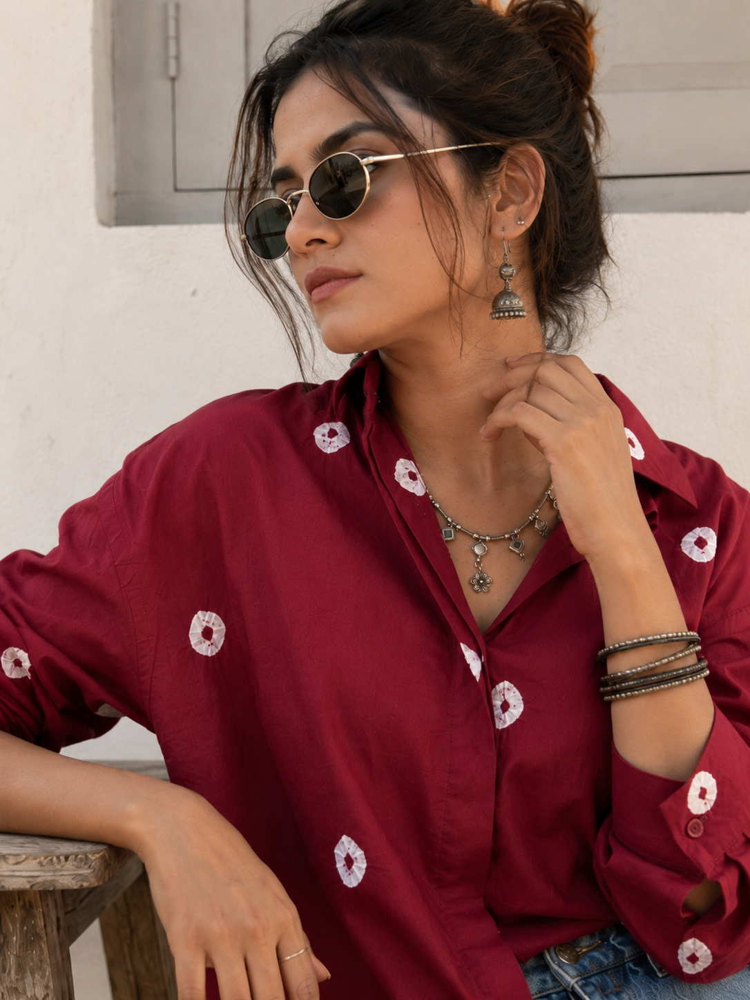 Leher Red Bandhani Cotton Shirt