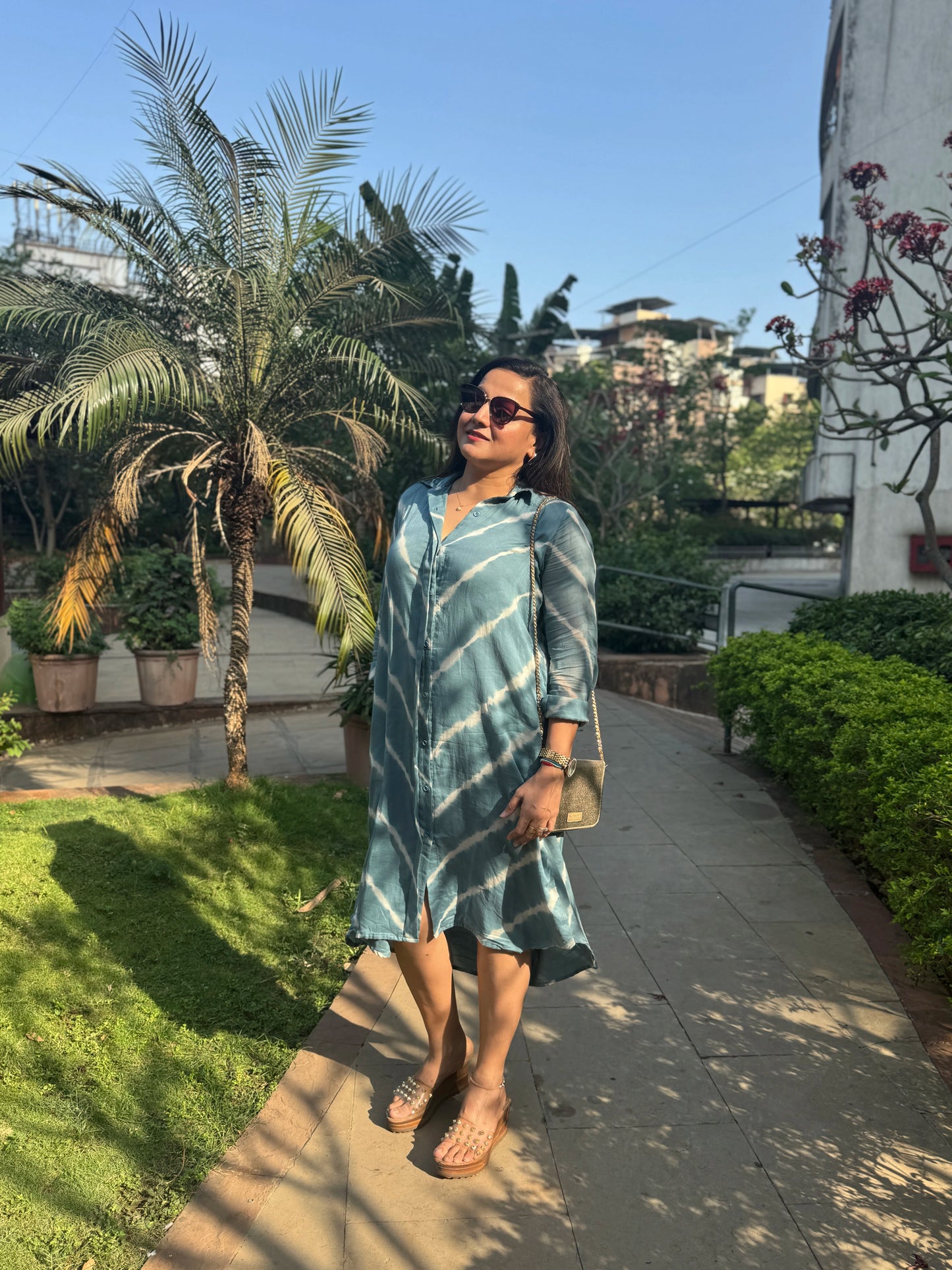 Blue Lehariya Cotton Shirt Dress