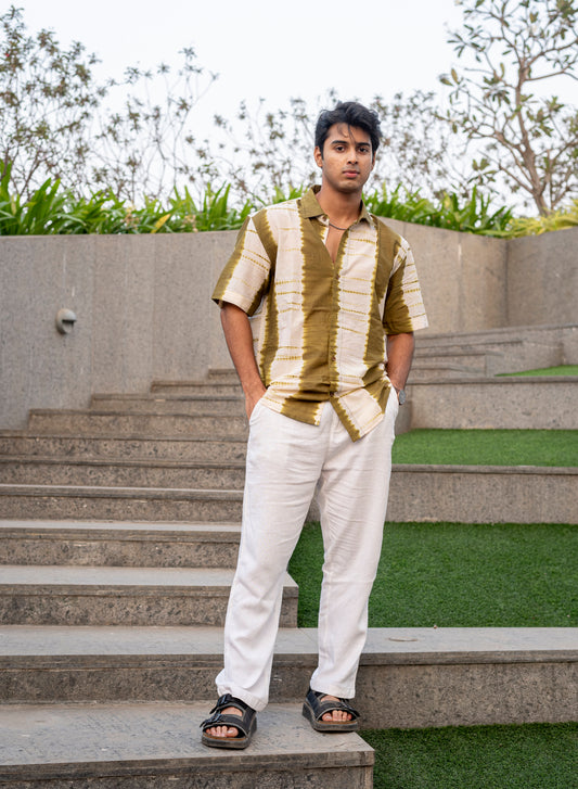 Olive Shibori Cotton Shirt Men